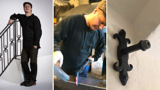 Kollage med en slöjdare, arbete i en smidesverkstad och ett färdigt svart smidesbeslag