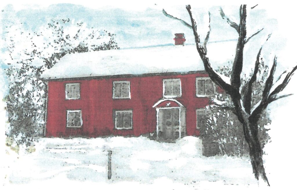 Akvarell av ett rött trähus i vinterskrud, omgivet av snö, träd och buskar