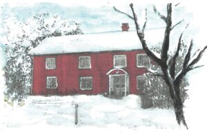 Akvarell av ett rött trähus i vinterskrud, omgivet av snö, träd och buskar