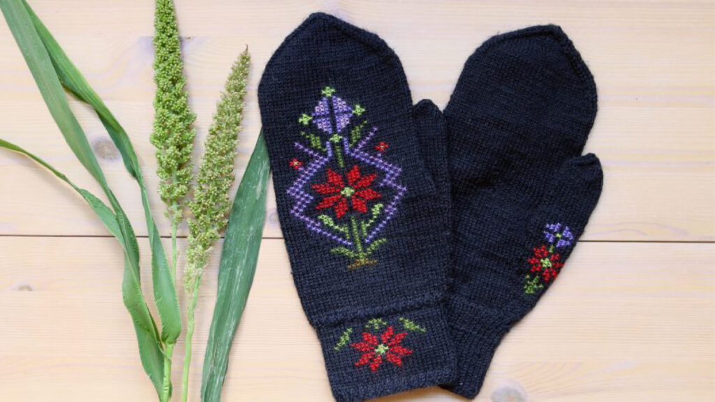 Ett par mörkblå stickade vantar med färgglada blombroderier, bredvid gröna växter