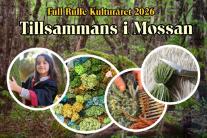 Affisch för ”Full Rule Kulturåret 2026 – Tillsammans i Mossan” med barn, mossa, textilier och garn i skogen