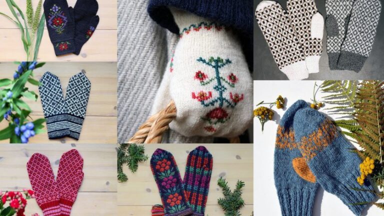 Collage med stickade vantar i olika färger och traditionella mönster