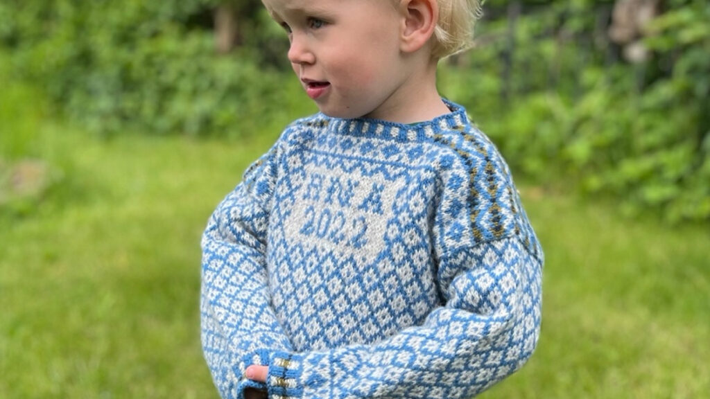 Barn i blåvit mönsterstickad tröja utomhus