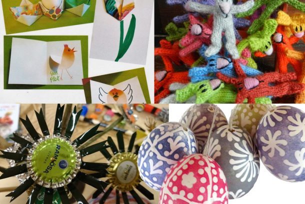 Bildcollage med målade ägg, metallsköjd, pappslöjd och garnslöjd