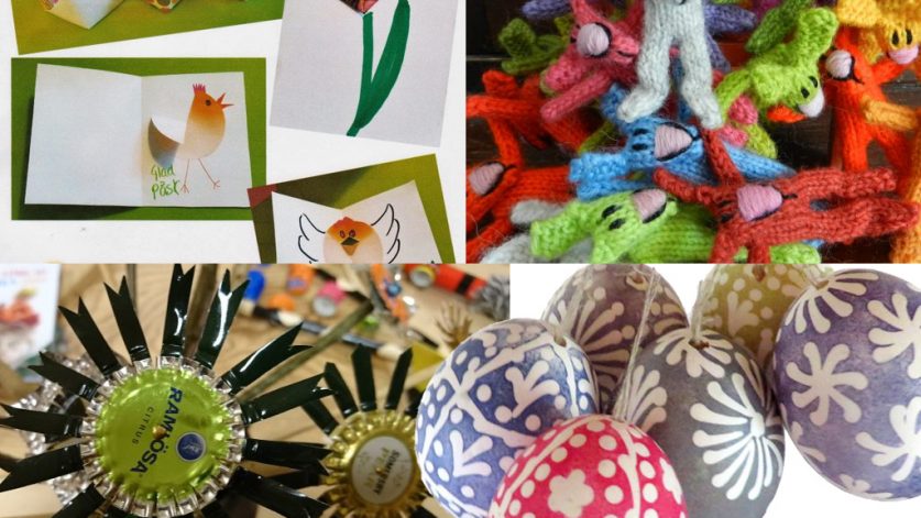 Bildcollage med målade ägg, metallsköjd, pappslöjd och garnslöjd