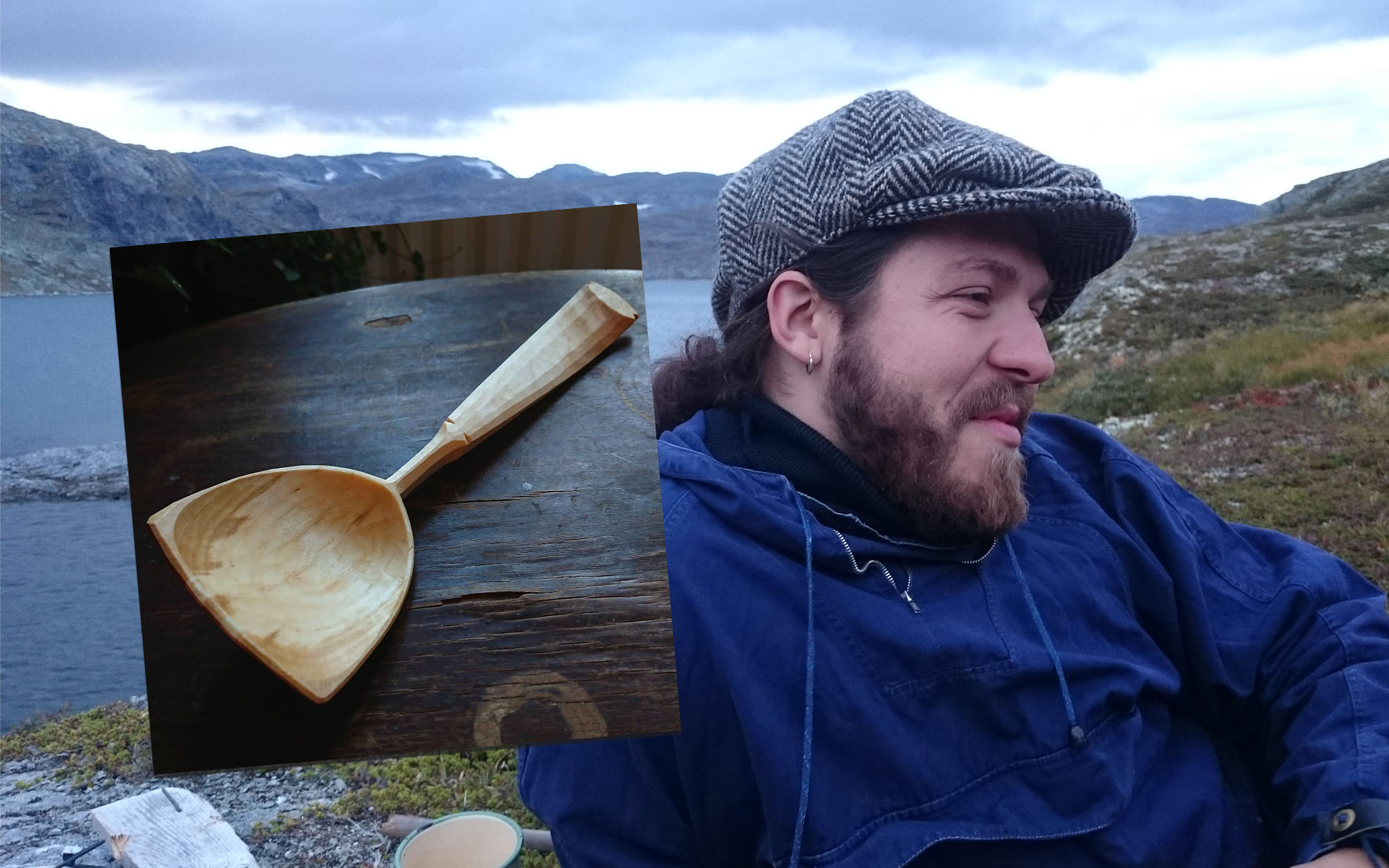 Stipendiaten Björn Svantesson i karg natur. Infälld bild på träsked.