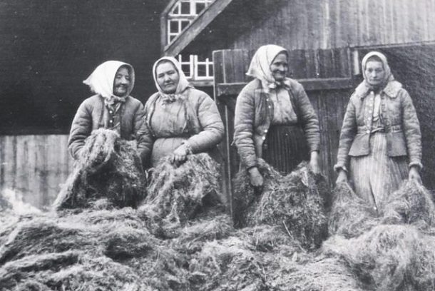bilden föreställer fyra kvinnor som står vid dkäkten runt omkring dem en massa restprodukter från linberedning.
