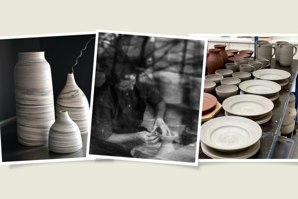 Kollage med bilder på krukmakargesällen Anna Lowenhielm samt keramik av densamme.