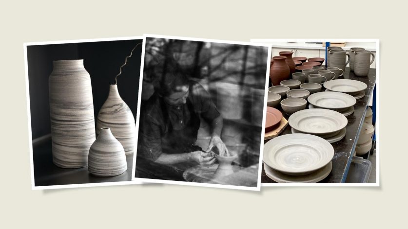 Kollage med bilder på krukmakargesällen Anna Lowenhielm samt keramik av densamme.