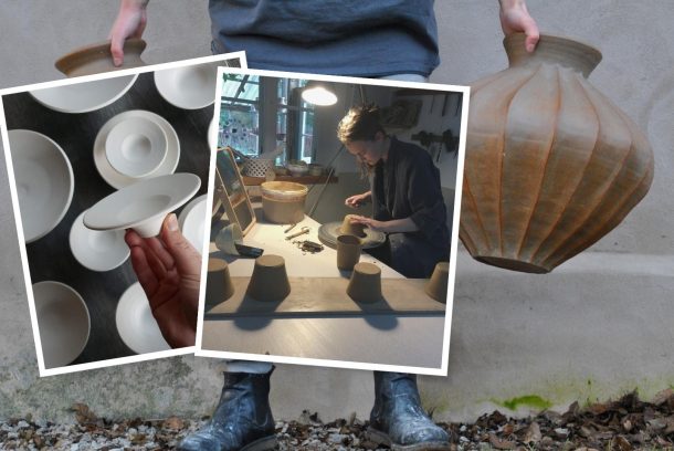 Kollage med keramik av Maja Ahnlund, krukmakargesäll 2022.