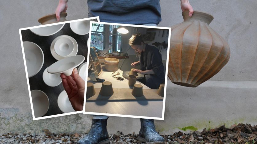 Kollage med keramik av Maja Ahnlund, krukmakargesäll 2022.