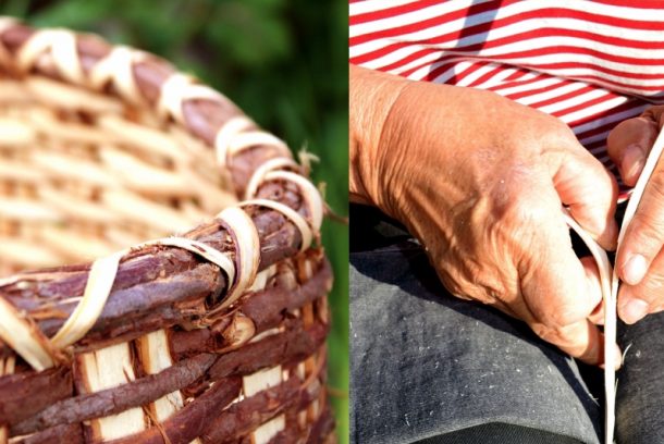 Två bilder där bilden till vänster visar en flätad korg och den till höger visar händer som tillverkar en korg
