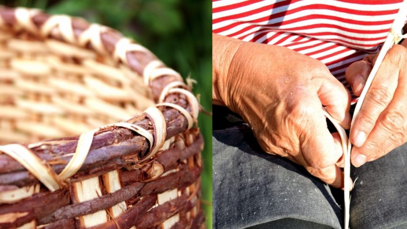 Två bilder där bilden till vänster visar en flätad korg och den till höger visar händer som tillverkar en korg