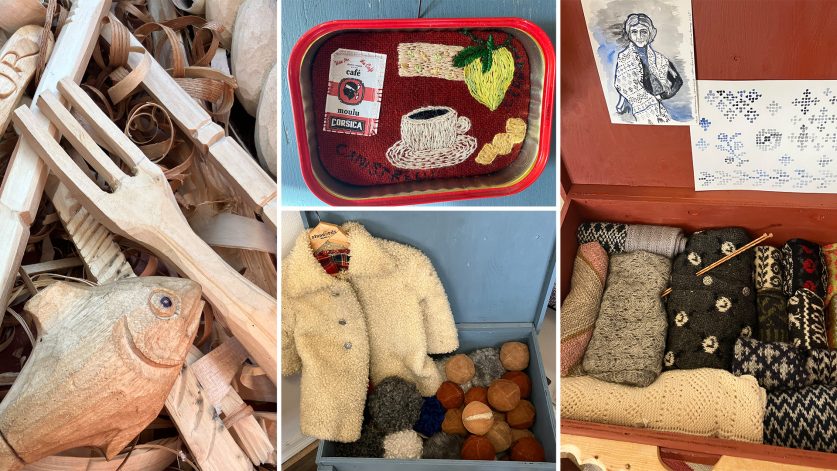 Utställning av hemslöjdsarbeten som hänger på ett bibliotek