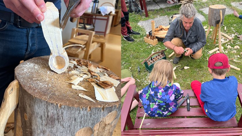 en man visar två barn hur man täljer utomhus samt en närbild på en som hugger fram en träsked