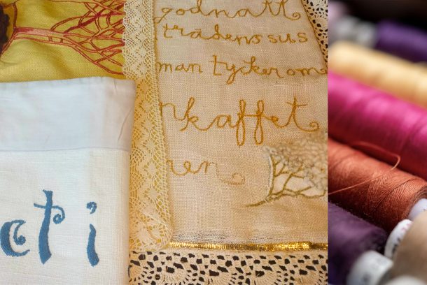 olika broderier på dukar, sytrådar i flera klara färger