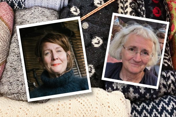 porträtt av Erika Åberg & Eva Sjöstrand. I bakgrunden olika stickade arifakter