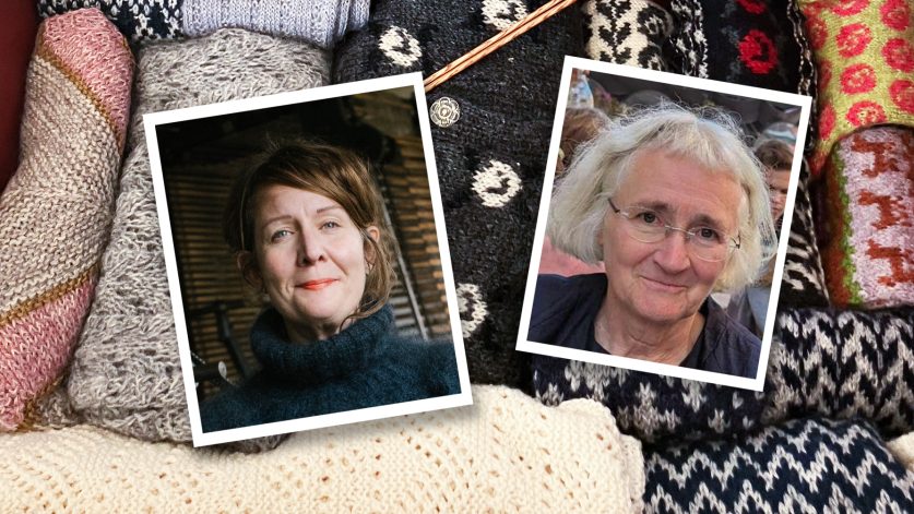 porträtt av Erika Åberg & Eva Sjöstrand. I bakgrunden olika stickade arifakter