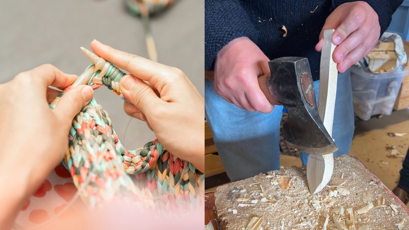 tudelad bild. Händer som stickar och yxar ur en träsked